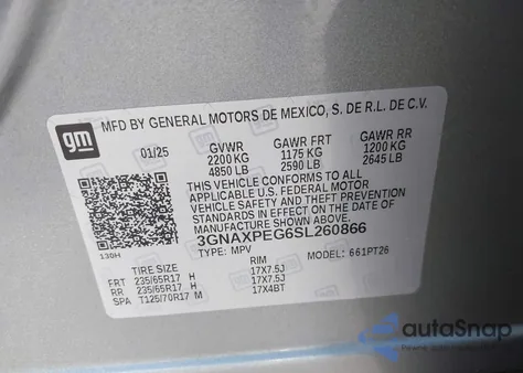 2025 Chevrolet Equinox Awd Lt из США, поврежденный, VIN 3GNAXPEG6SL260866